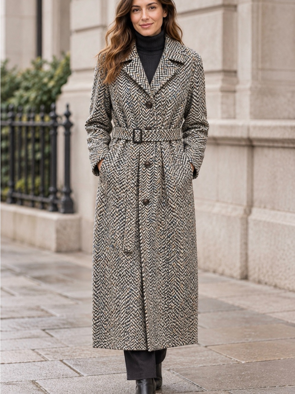Vintage Italian wool Long Herringbone Belted Wool Coat in Neutral Mix